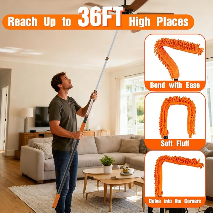 36FT Reach High Ceiling Duster Kit, Window Cleaning kit with 7-30FT Extension Pole, Fan Duster for Ceiling Fan Blades, Microfiber Feather Duster, Rotatable Window Squeegee and Cobweb Duster