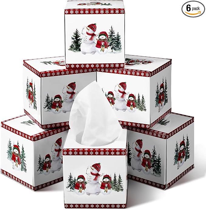 Yeaqee 6 Pack Christmas Facial Tissue Cube Box Square 480 Sheets Snowman Snowflake Christmas Paper Facial Tissues Cube Box for Winter Xmas Holiday Kitchen Office Home Xmas Car Decor