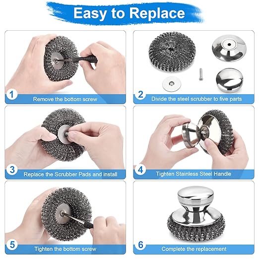 5PCS Stainless Steel Scrubber Pads, Steel Wool Scrubber Set with 2Pcs Handle, Stainless Scrubber for Cleaning Kitchen and Household, Dishes, Stoves, Grill, Wash Sink, Pots