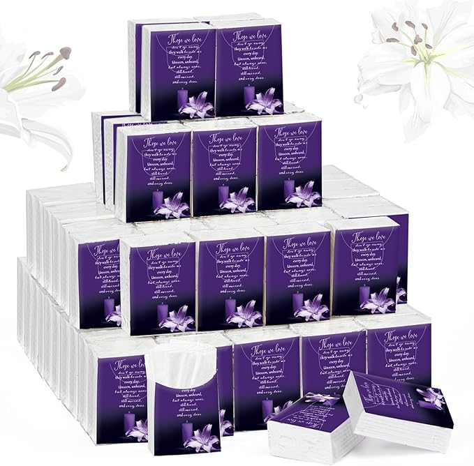 100 Packs Memorial Facial Tissues Those We Love Don't Go Away Inspirational Poem Pocket Tissues 3 Ply Napkins Packs Funerals Wedding Supplies for Family Relatives Guests, 700 Sheets(Purple)