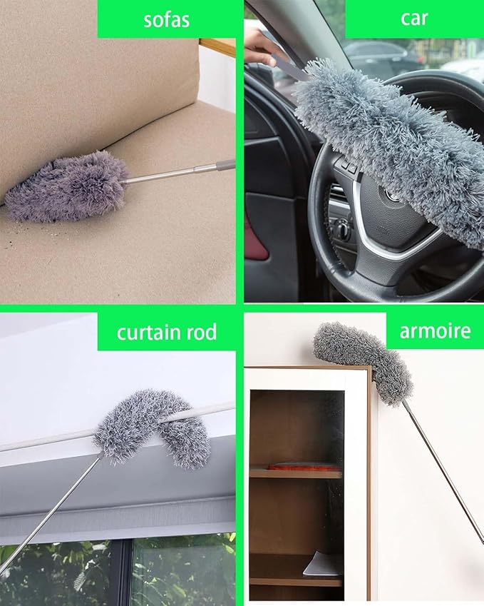 110" Extendable Feather Duster with Extension Pole, Ceiling Fan Cleaner Duster for High Ceiling, Bendable Microfiber Head, Long Handle Duster for Cleaning Fan, Furniture, and Cars (3 replaceable head)