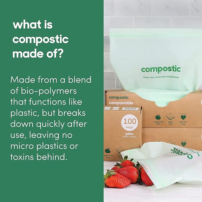 Compostic Home Compostable Resealable Gallon Bags (10.5"x10.5"), Microwave & Freezer Safe, Organic Food Storage Container, 100 Count