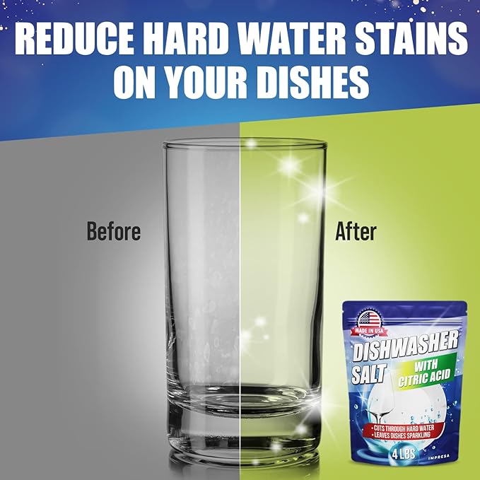 IMPRESA Dishwasher Rinse Aid Salt - 4 Lb - Citric Acid Cleaner & Descaler - Hard Water Stain Remover & Detergent Booster