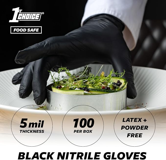 1st Choice Black Nitrile Gloves Disposable Latex-Free 5 Mil Textured for Cooking, Cleaning, Food Prep, XXL, 2 Boxes of 100