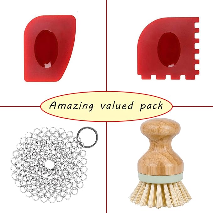 Cast Iron Cleaner kit, Pot Cleaning Brushes, Stainless Steel Chainmail Scrubber, Pan Scrapers, Kitchen Cleaning