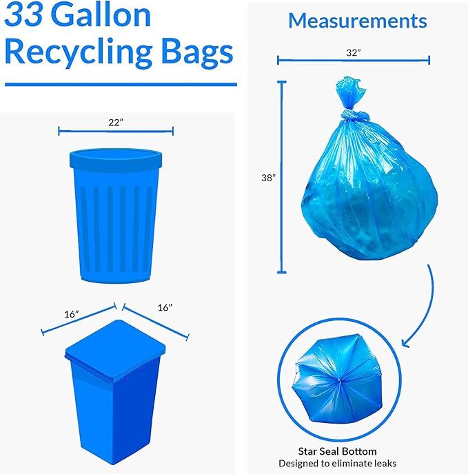 Reli. SuperValue 33 Gallon Recycling Bags (240 Count, Bulk) Made in the USA - Blue Trash Bags, 30-33 Gallon | Blue Recycling, Garbage | 33Gal with 30Gal, 33Gal, 35Gal Capacity