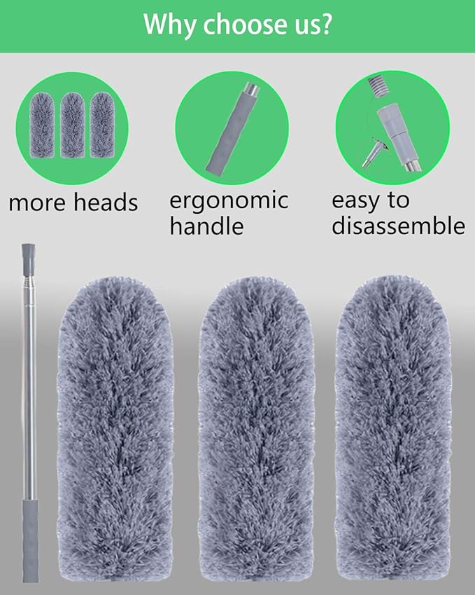 110" Extendable Feather Duster with Extension Pole, Ceiling Fan Cleaner Duster for High Ceiling, Bendable Microfiber Head, Long Handle Duster for Cleaning Fan, Furniture, and Cars (3 replaceable head)