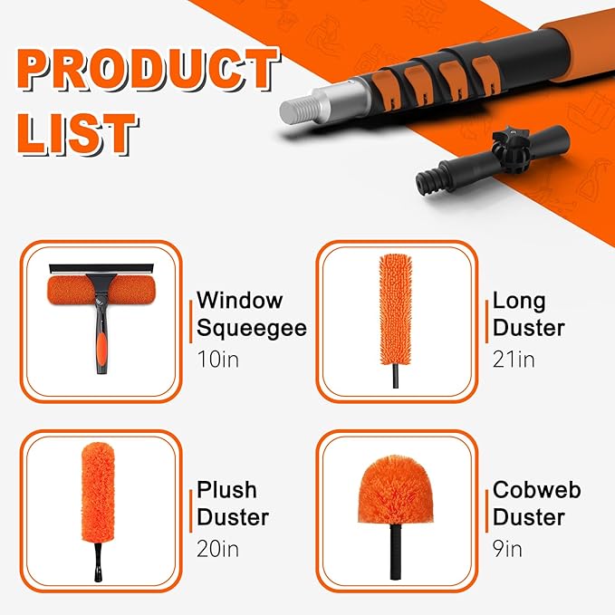 36FT Reach High Ceiling Duster Kit, Window Cleaning kit with 7-30FT Extension Pole, Fan Duster for Ceiling Fan Blades, Microfiber Feather Duster, Rotatable Window Squeegee and Cobweb Duster