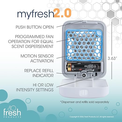 Fresh Products myfresh 2.0 Personal Air Freshener with Dry Fragrance Technology for Small Spaces Compact Design Motion Sensor Battery Included Cotton Blossom 6 pk