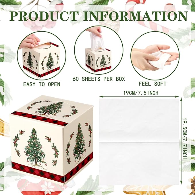 Yeaqee 6 Pack Christmas Facial Tissue Cube Box Square 480 Sheets Xmas Tree Christmas Paper Facial Tissues Cube Box for Winter Xmas Holiday Kitchen Office Home Car Decor
