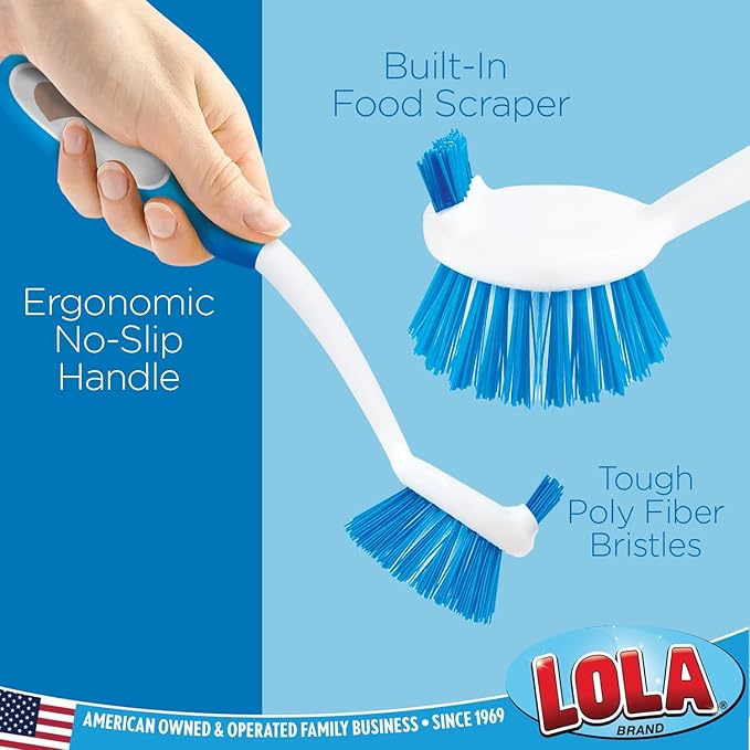 Dish Brush Scrubber for Kitchen, 2 Pack, by LOLA, Has Stiff Bristles & Food Scraper, Comfort No-Slip Grip Handle, Safe for Non-Stick & Coated Cookware