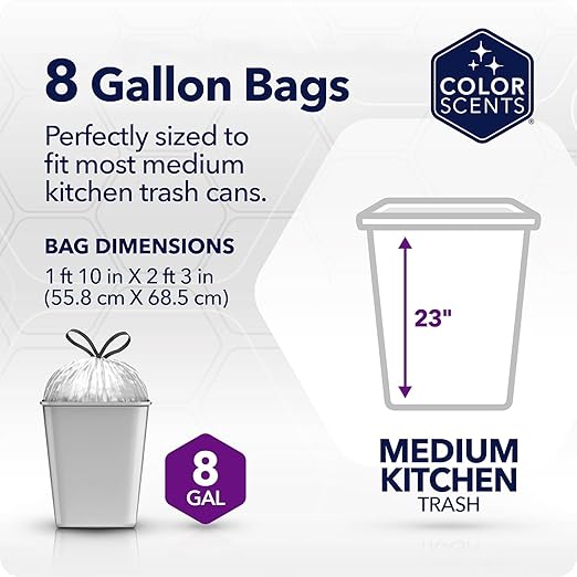 Color Scents Medium Trash Bags - 8 Gallon, 200 Total Bags (8 Packs of 25 Count), Drawstring - Silver Bag in Simply Clean Scent with Microban