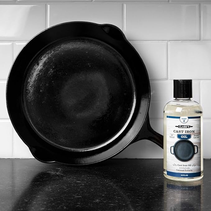 CLARK'S Cast Iron Cleaning Kit with Coconut Oil – Cast Iron Cleaner Set with Seasoning Oil, Soap, Scrub Brush, and Applicator Pad – Restore and Preserve Pan, Skillet, Grill, Dutch Oven, and Wok