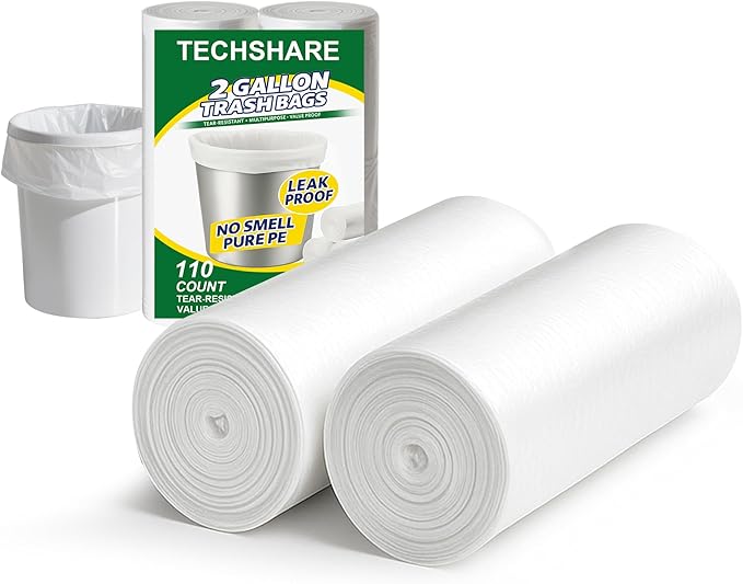 TECHSHARE Trash Bags 2 Gallon - 110 Count Small White Garbage Bags, Bathroom Trash Bags 2 Gallon, Mini Trash Can Liners for Home, Nursery, Office - Scent Free HDPE 1.8 Gallon Fit