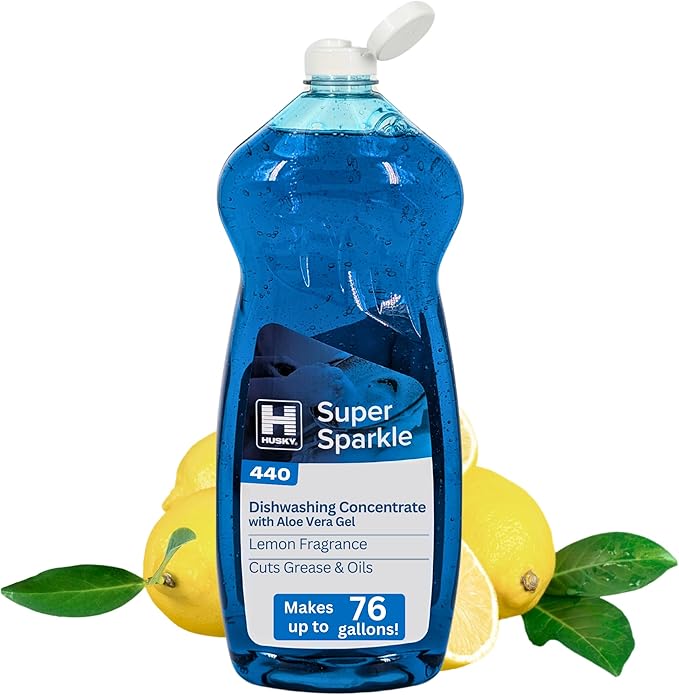 Husky 440 Super Sparkle Dish Soap Liquid | Ultra-Concentrate Dishwashing Liquid for Manual Dish, Pot & Pan Cleaning | Removes Grease, Baked-on Food & Stains from Utensils, Flatware & Glassware