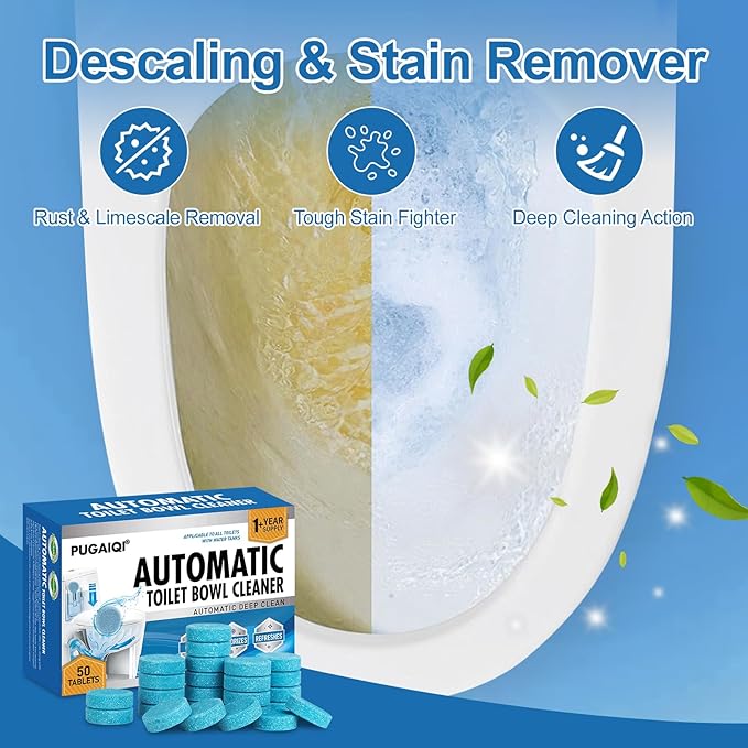 Toilet Bowl Cleaner Tablets Blue Toilet Tank Cleaners, Septic-Safe Hard Water Stain Remove, Odor Remover Bathroom& Effervescent Stain， Automatic Toilet Cleaning & Deodorizer，50 Count Automatic-GOOD