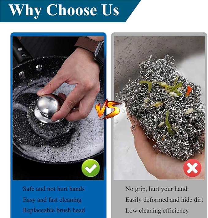 7Pcs Steel Wool Scrubber with Handle - Stainless Steel Scrub Brush Set for Scouring Stubborn Messes from Cast Iron, Pots, Pans, Grill, Stoves, Sink (2 Scrubber + 4 Pads + 1 Screwdriver)