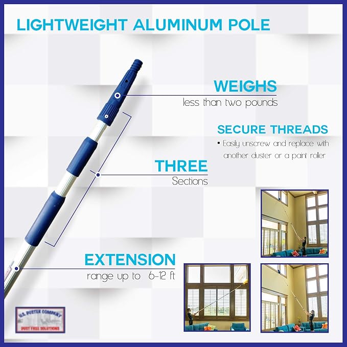 Cobweb Duster Extendable 18 Foot High Reach Ceiling Fan Duster | 3-Stage Aluminum Telescoping Pole | Medium Stiff Bristles | Long Handle Webster Microfiber Duster for Cleaning | U.S Duster Co.