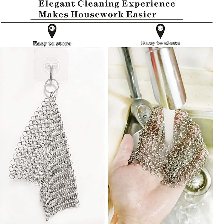 Cast Iron Scrubber - 6 Inch Stainless Steel Chain mail Scrubber for Cast Iron Pans Cleaner Chainmail Scrubber for Skillet, Wok, Pot, Dutch Ovens