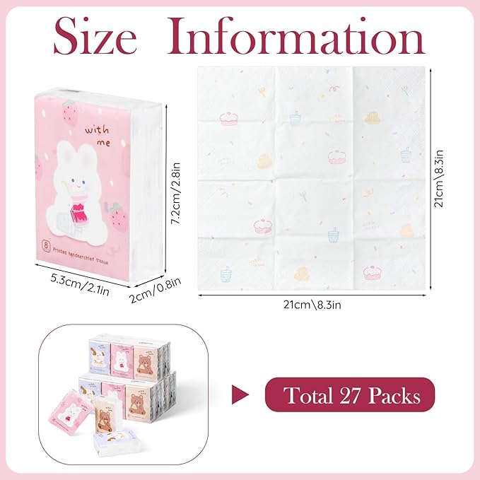 27 Packs Pocket Tissues, Small Travel Size Bulk Facial Paper Towel, Travel Essential, Purse Tissue, Individual Packet, Soft 3 Ply Portable Napkins with Cute Prints for Wedding Party (Dog&Bear&Rabbit)