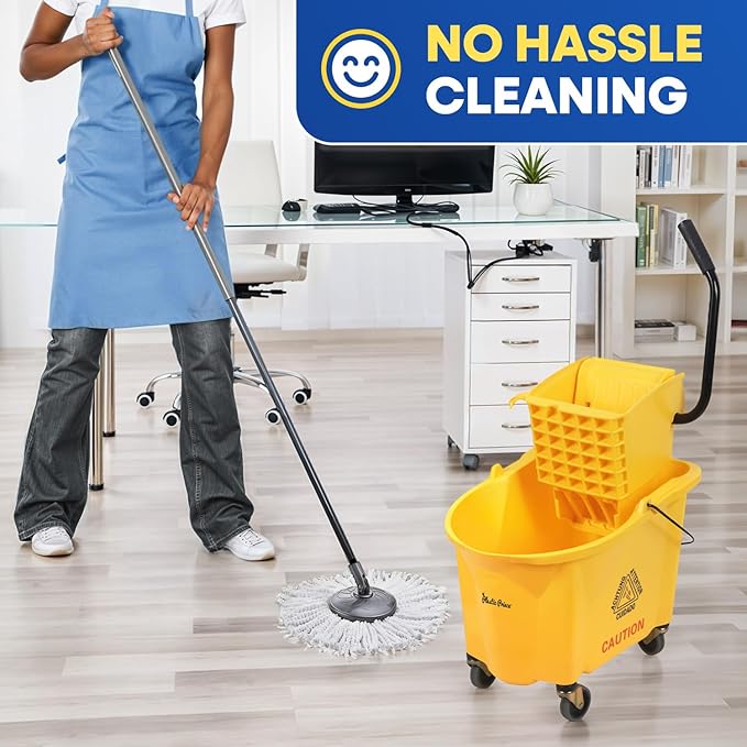 Commercial Mop Bucket with Wringer on Wheels, Heavy Duty Industrial Mop Bucket and Wringer, Side-Press Bucket with Wringer Set for Home Office Restaurant Business, 35-Quart - Yellow