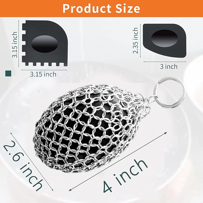 Chainmail Scrubber,Ergonomic Rugby Shape Desigs Cast Iron Cleaner Scrubber for Pan Pot Grill-Grill Scrubber Metal Scrub Sponge Skillet, Oven, Griddle, Wok Cleaning Brush