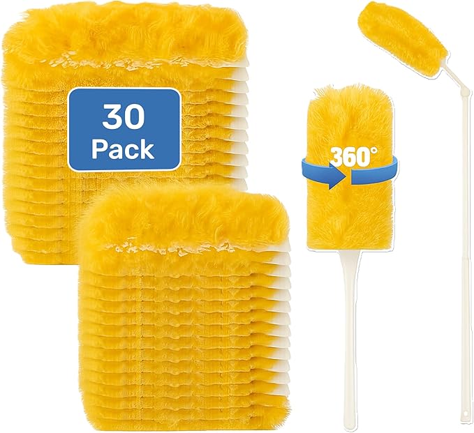 Heavy Duty Duster Refills 30 Pack, 360° Multi Surface Feather Dusters Kit with Extendable 3FT Handle, Disposable Microfiber Dusters for Cleaning Furniture, Blinds, Ceiling Fan & Car