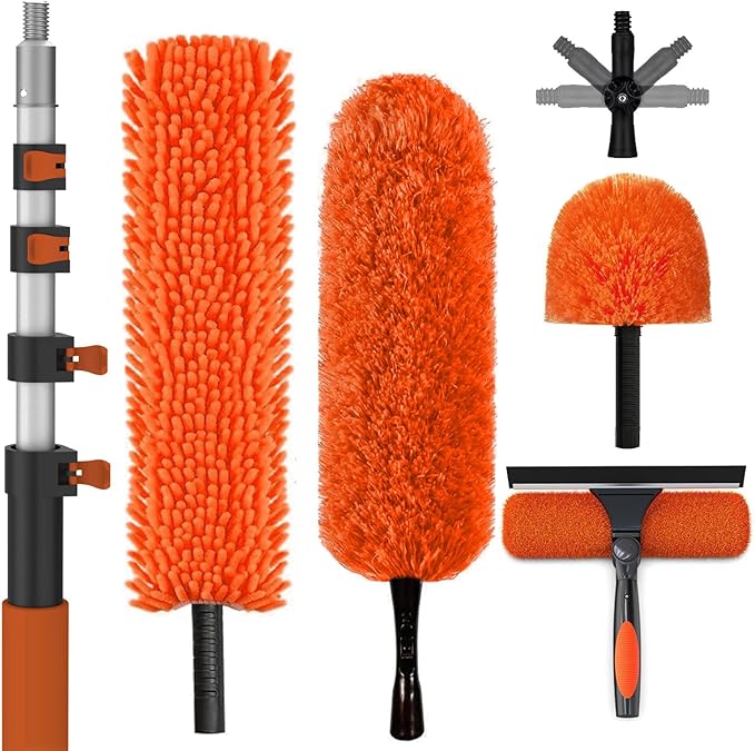 36FT Reach High Ceiling Duster Kit, Window Cleaning kit with 7-30FT Extension Pole, Fan Duster for Ceiling Fan Blades, Microfiber Feather Duster, Rotatable Window Squeegee and Cobweb Duster
