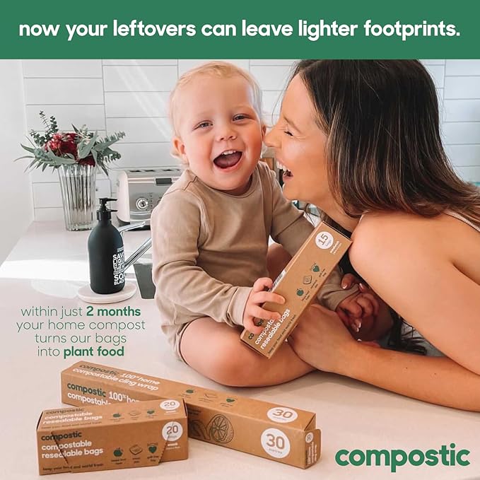 Compostic Home Compostable Resealable Snack Bags (6"x 3.5"), Microwave & Freezer Safe, Organic Food Storage Container, 60 Count