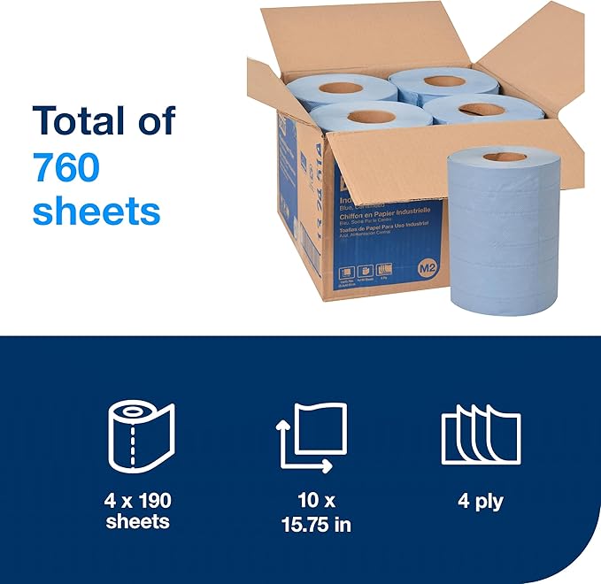 Tork Paper Wiper Centerfeed Blue M2, High Absorbency, 4 x 190 Feet, 132451A