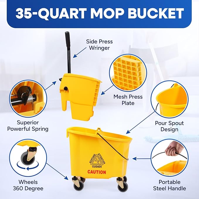 Commercial Mop Bucket with Wringer on Wheels, Heavy Duty Industrial Mop Bucket and Wringer, Side-Press Bucket with Wringer Set for Home Office Restaurant Business, 35-Quart - Yellow