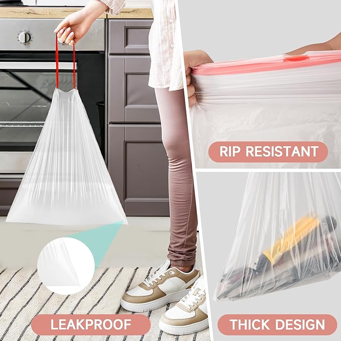 Trash-Bags 4 Gallon Small Drawstring-Garbage-Bag Kitchen - Clear White 57 Count Unscented Recycling Compactor Can Liners for Bathroom Bedroom Office Car Outdoor Garden Leaf Waste Basket