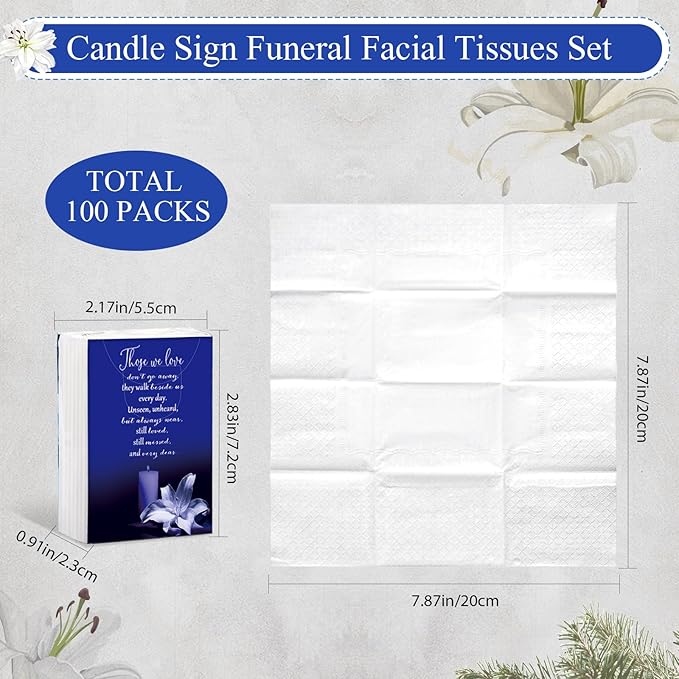 100 Packs Memorial Facial Tissues Those We Love Don't Go Away Inspirational Poem Pocket Tissues 3 Ply Napkins Packs Funerals Wedding Supplies for Family Relatives Guests, 700 Sheets(Blue)