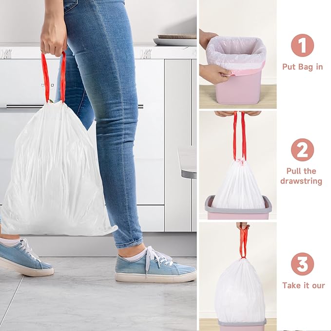 Trash-Bags 4 Gallon Small Drawstring-Garbage-Bag Kitchen - Clear White 57 Count Unscented Recycling Compactor Can Liners for Bathroom Bedroom Office Car Outdoor Garden Leaf Waste Basket