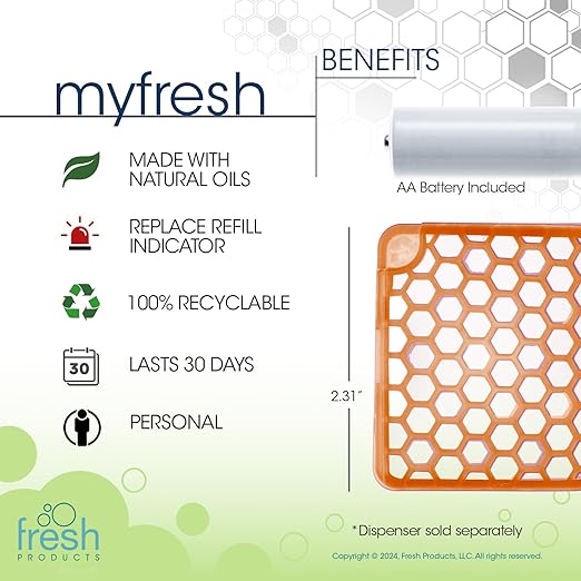 Fresh Products myfresh 2.0 Personal Air Freshener with Dry Fragrance Technology for Small Spaces Compact Design Motion Sensor Battery Included Mango 6 pk