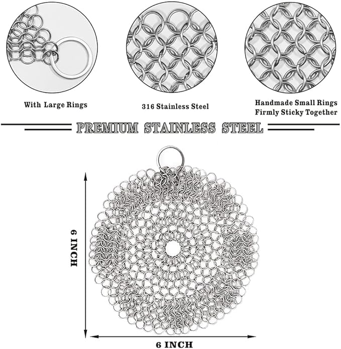 Cast Iron Skillet cleaner 316L Stainless Steel Chainmail Scrubber for Cast Iron Pans,Glassware Dutch Oven Skillet Wok