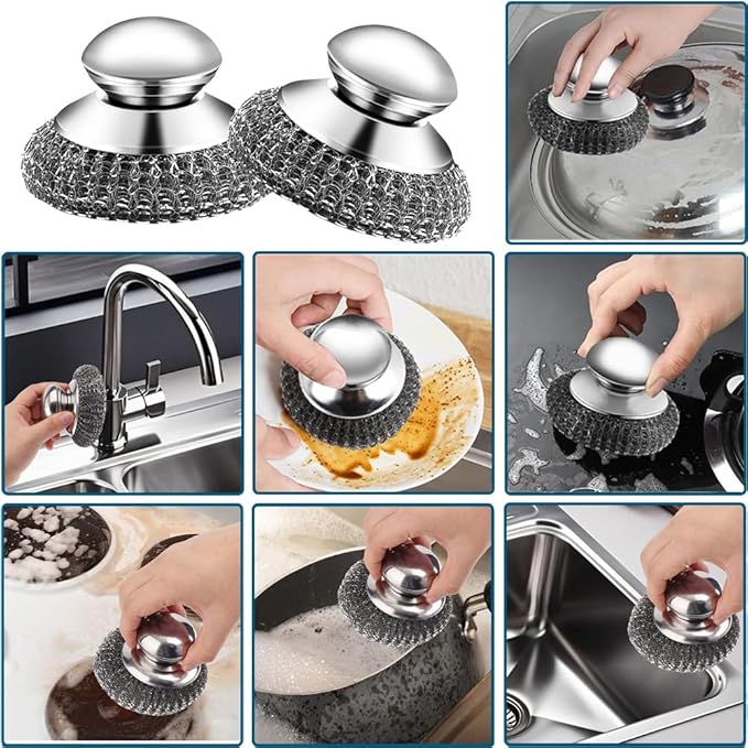 7Pcs Steel Wool Scrubber with Handle - Stainless Steel Scrub Brush Set for Scouring Stubborn Messes from Cast Iron, Pots, Pans, Grill, Stoves, Sink (2 Scrubber + 4 Pads + 1 Screwdriver)
