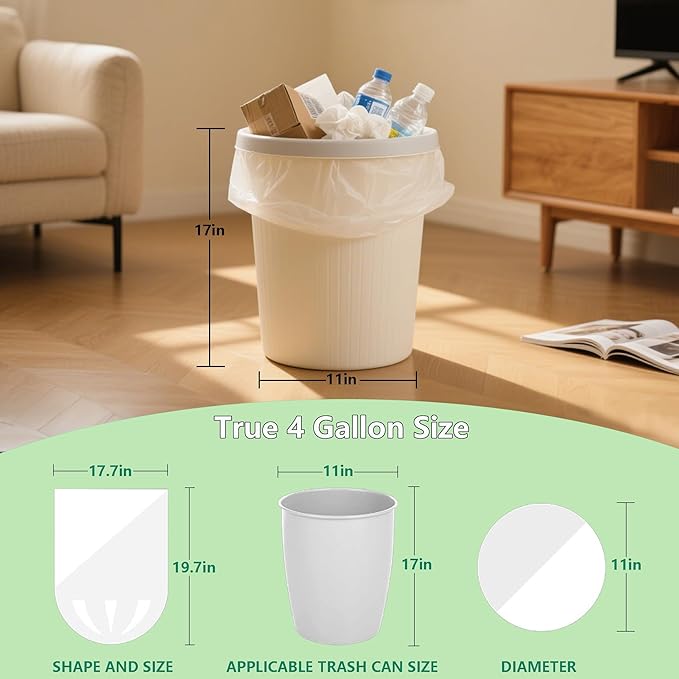 TECHSHARE Small Garbage Bags 4 Gallon - 105 Count Trash Can Liners for Bathroom, Office, Bedroom - Mini White HDPE Plastic Waste Basket Bags, Value Pack for Daily Use, Fits Small Trash Cans