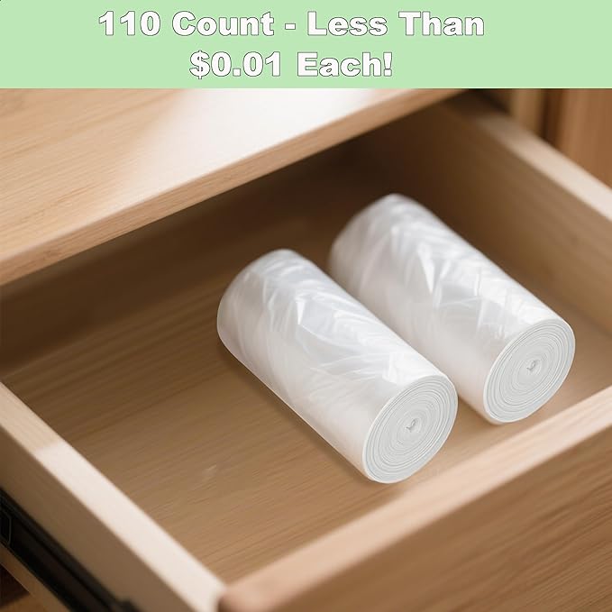 TECHSHARE Trash Bags 2 Gallon - 110 Count Small White Garbage Bags, Bathroom Trash Bags 2 Gallon, Mini Trash Can Liners for Home, Nursery, Office - Scent Free HDPE 1.8 Gallon Fit