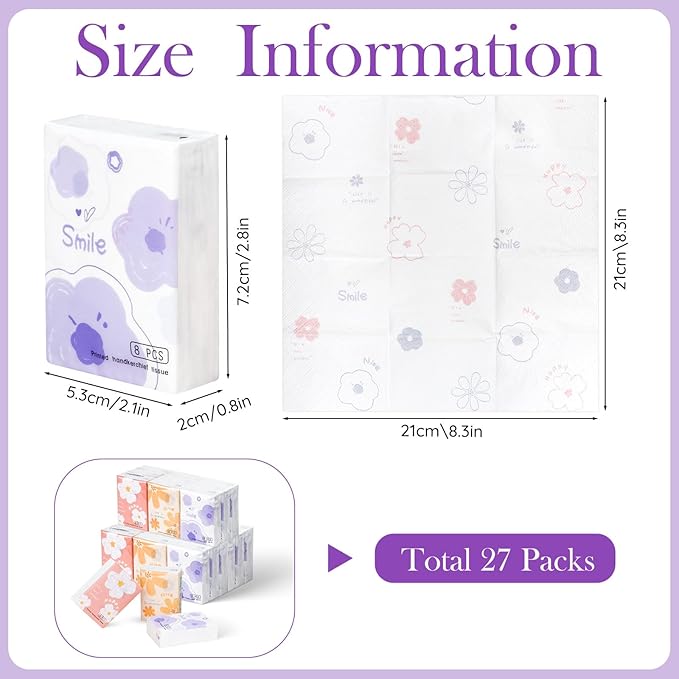 27 Packs Pocket Tissues, Small Travel Size Bulk Facial Paper Towel, Travel Essential, Purse Tissue, Individual Packet, Soft 3 Ply Portable Napkins with Cute Prints for Wedding Party (Daisy)