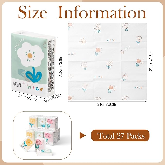 27 Packs Pocket Tissues, Small Travel Size Bulk Facial Paper Towel, Travel Essential, Purse Tissue, Individual Packet, Soft 3 Ply Portable Napkins with Cute Prints for Wedding Party (Floral)