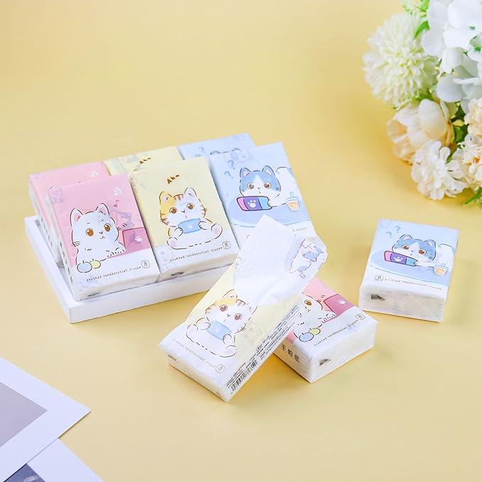 27 Packs Pocket Tissues, Small Travel Size Bulk Facial Paper Towel, Travel Essential, Purse Tissue, Individual Packet, Soft 3 Ply Portable Napkins with Cute Prints for Wedding Party (Cats)