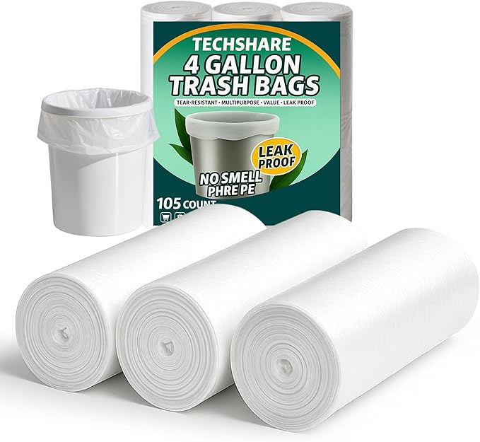 TECHSHARE Small Garbage Bags 4 Gallon - 105 Count Trash Can Liners for Bathroom, Office, Bedroom - Mini White HDPE Plastic Waste Basket Bags, Value Pack for Daily Use, Fits Small Trash Cans