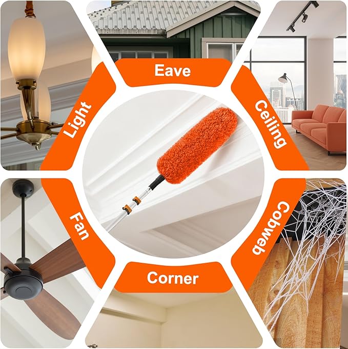 36FT Reach High Ceiling Duster Kit, Window Cleaning kit with 7-30FT Extension Pole, Fan Duster for Ceiling Fan Blades, Microfiber Feather Duster, Rotatable Window Squeegee and Cobweb Duster
