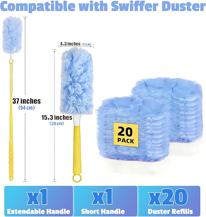 360° Duster Refills Compatible for Swiffer Duster, 20-Pack Heavy Duty Dusting Kit with 1 Extended Handle 3FT + 1 Short Handle, Multi-Surface Cleaning Kit for Ceiling Fans, Bookshelf, Blinds, Furniture