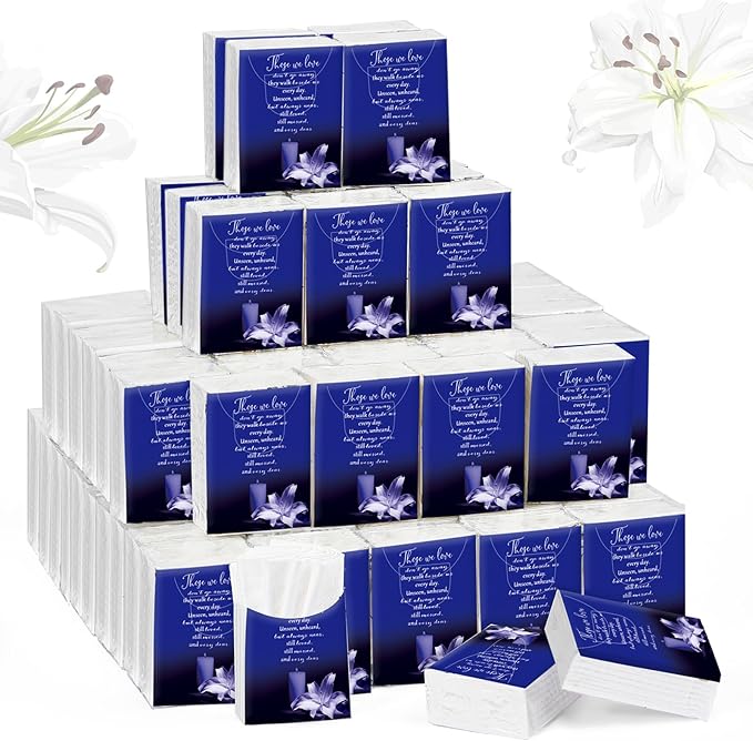 100 Packs Memorial Facial Tissues Those We Love Don't Go Away Inspirational Poem Pocket Tissues 3 Ply Napkins Packs Funerals Wedding Supplies for Family Relatives Guests, 700 Sheets(Blue)