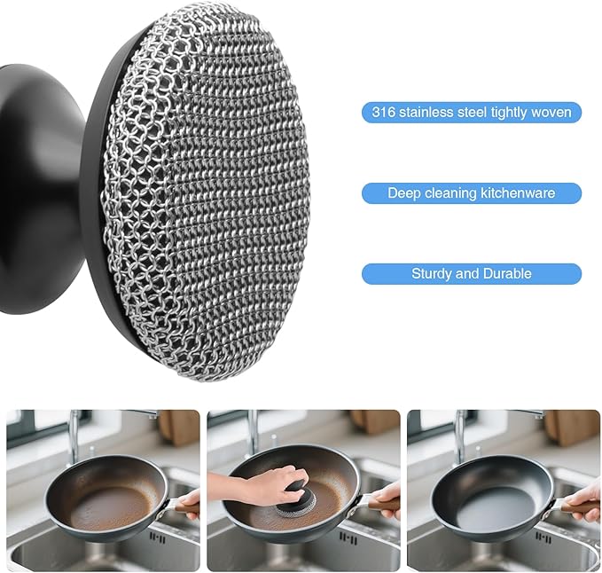 2PCS Cast Iron Scrubber Cleaner, Chainmail Scrubber for Cast Iron Pan Skillet, Dish Scouring Pad, 316 Stainless Steel Brush/Scraper for Metal Skillet Scrubbing, Wok, Dutch Oven Cleaning - Thick+Thin