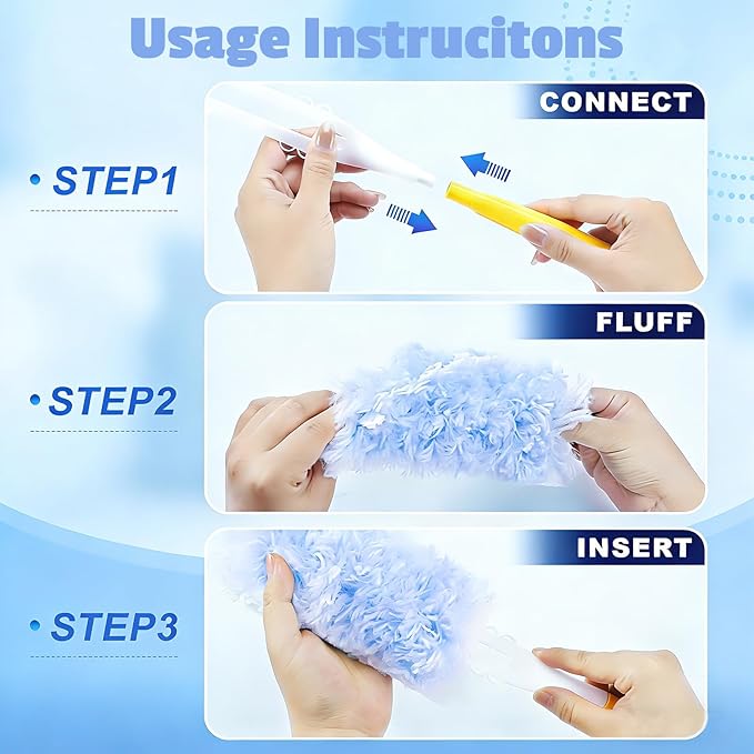 360° Duster Refills Compatible for Swiffer Duster, 20-Pack Heavy Duty Dusting Kit with 1 Extended Handle 3FT + 1 Short Handle, Multi-Surface Cleaning Kit for Ceiling Fans, Bookshelf, Blinds, Furniture