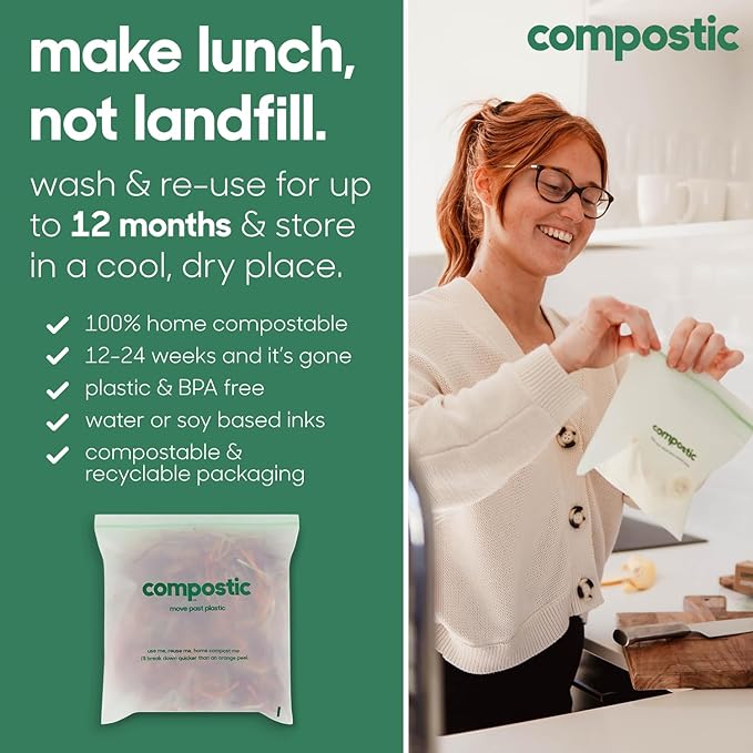 Compostic Home Compostable Resealable Snack Bags (6"x 3.5"), Microwave & Freezer Safe, Organic Food Storage Container, 60 Count