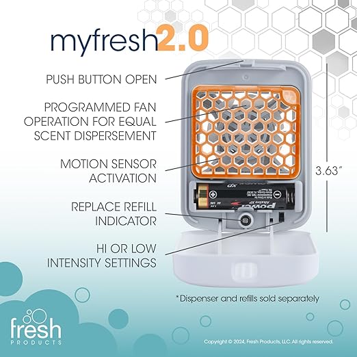 Fresh Products myfresh 2.0 Personal Air Freshener with Dry Fragrance Technology for Small Spaces Compact Design Motion Sensor Battery Included Mango 6 pk